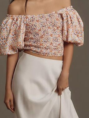 Anthropologie Dolan Floral Smocked Puff Sleeve Crop Top L Cottagecore